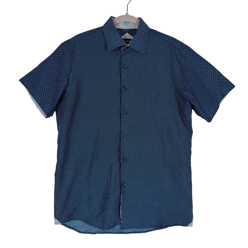 Silverstone Shirt Mens Large Blue Polka Dot Short Sleeve Button Up Slim Fit